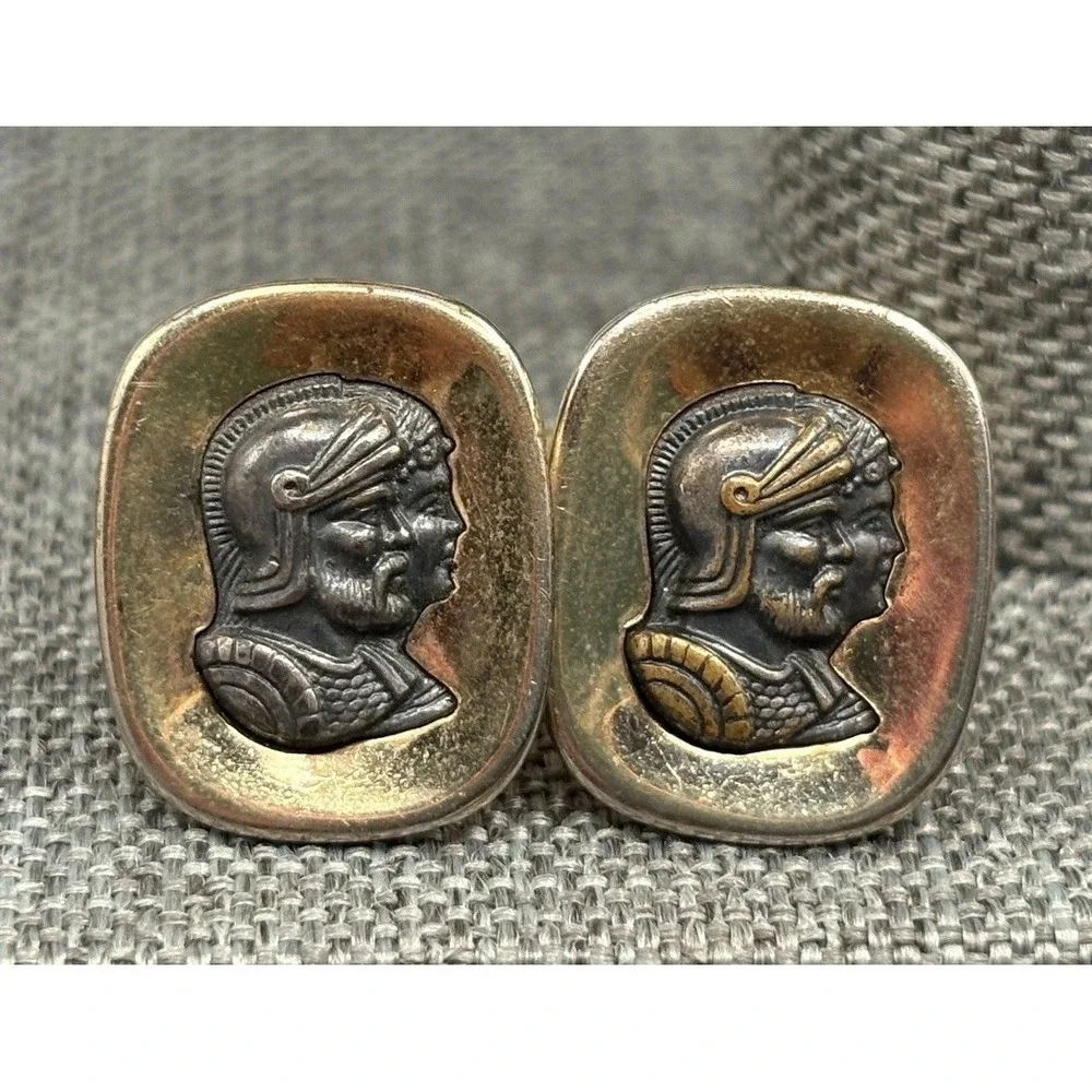 Vintage Anson Roman Soldier Cameo Profile Cufflinks Two Tone Gold Tone